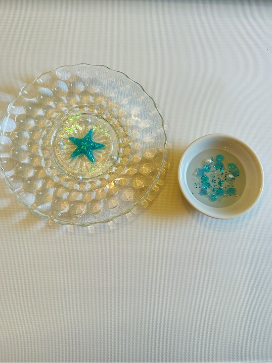 Hand Crafted Other - Clear Glass Decorative Plate with Teal Resin Accents-Set of 2